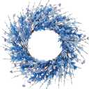 24 Inch Artificial Blue Forsythia Flower Wreath, Silk & Paper Bridal Floral Wreath for Front Door, Elegant Beach Nautical Themed Wedding & Spring Summer Decor, All Season Farmhouse Porch Wall Decor