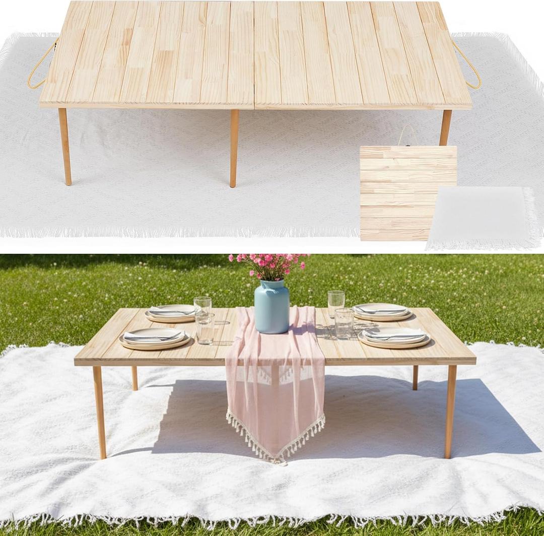 Hahafelt 1 Set Low Picnic Table, Foldable Boho Picnic Table with Extra Large Outdoor Camping Blanket Portable Boho Wood BBQ Tables for Camping Wedding Beach BBQ Party (44.1''x22.1''x12.9'',Wood Color)
