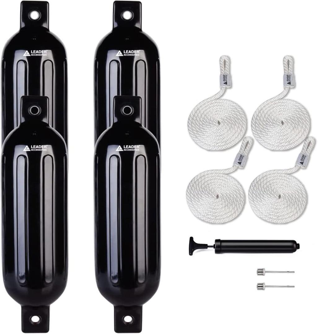 Leader Accessories Ribbed Twin Eyes Boat Fender Bumper Pack of 4 Includes 3/8'' Fender Lines and Pump to Inflate (5.5*20 inch, Black)