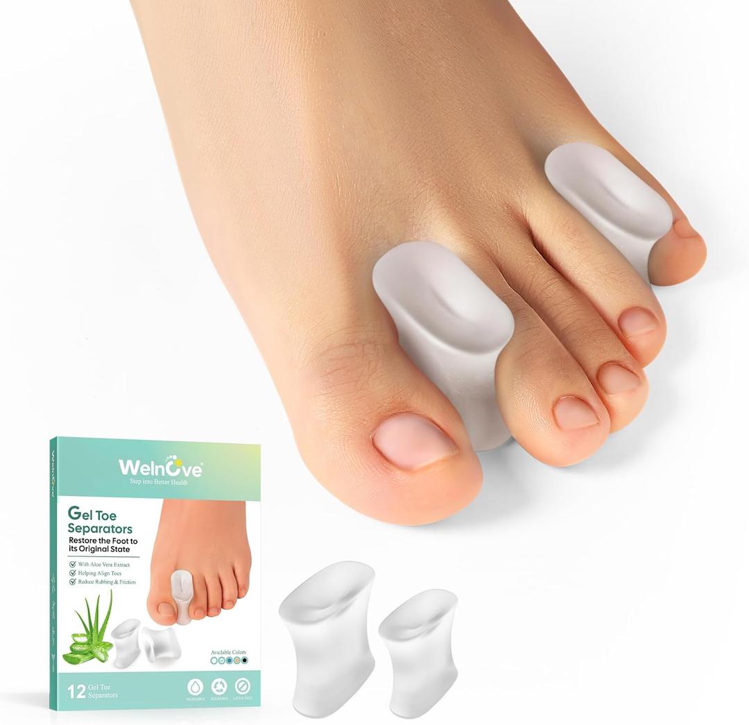 Gel Toe Separators – 12-Pack Aloe Vera Extract Infused Silicone Toe Spacers for Straightening Overlapping Toes, Bunions, Calluses – Bunion Corrector for Men and Women