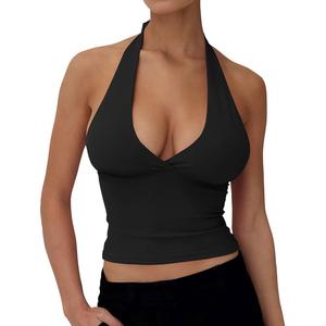 YFANG Women's Sexy Halter Deep V Neck Crop Tank Top Stretchy Sleeveless Double Lined Slim Fit Going Out Tank Top Black X-Large