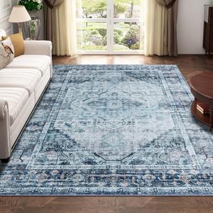 Vintage Machine Washable Area Rug 5x7 Blue/Multi Low-Pile Indoor Floral Print Carpet Non Slip Printed Vintage Boho Rug for Living Room