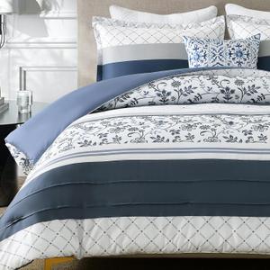 Finlonte Navy Comforter Set King Size - Cotton Boho Blue Striped Pleated Bedding Set, Floral Pattern Soft Duvet Insert, Skin Friendly Reversible Comforters with 2 Pillowshams, Navy Blue/White