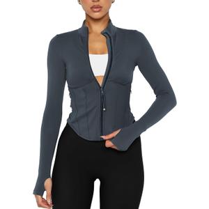 Waitfairy Workout Jackets for Woman Slim Fit Cropped Athletic Jacket Women Lightweight Zip Up Jacket for Yoga Gym Running (Medium, Charcoal Blue)