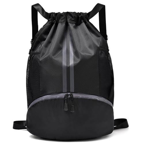 LOKAPEGY Black Drawstring Gym Bag for Men, Waterproof Drawstring Backpack for Women, Swim Bag with Shoes Compartment, Pull String Sport Bag for Soccer and Basketball.