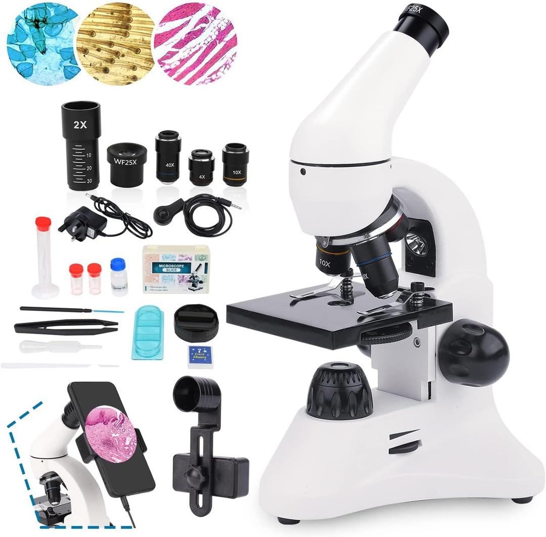 USCAMEL Microscope for Adults Kids, 100X-2000X Biological Compound Monocular Microscope Kits with LED Light, Microscope Slides, Phone Adapter, Beginners Microscope for Students School Home Education