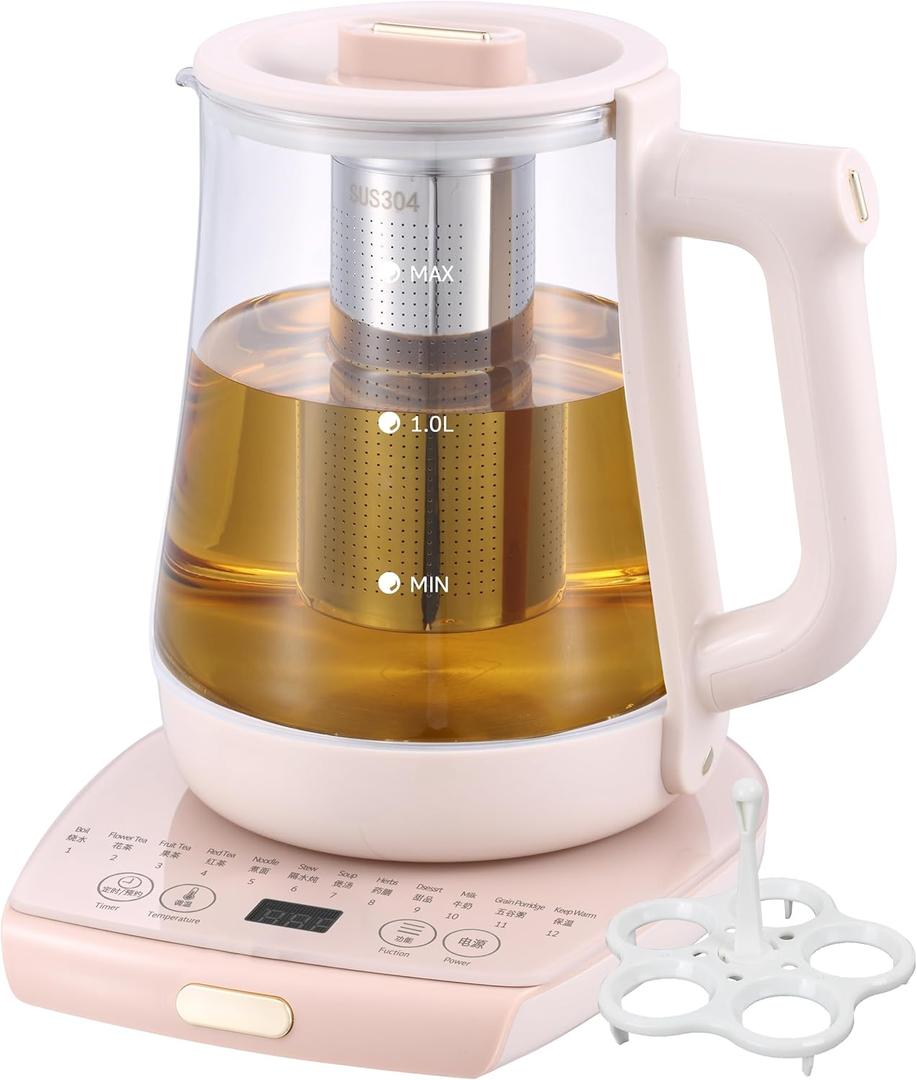 Electric Health Pot Kettle with Infuser,Smart Fruit Hot Tea Maker, Temperature Control and Tea Keep Warm, 12 Functional Procedures, 1.8 Liters of Capacity(pink)