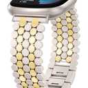 Minyee Compatible with Fitbit Versa 4/Sense 2/Versa 3/Sense Band Women, Dressy Stainless Steel Mesh Chain Honeycomb Designer Chic Gold Two-Tone Metal Starlight Link Bracelet Replacement Wristband