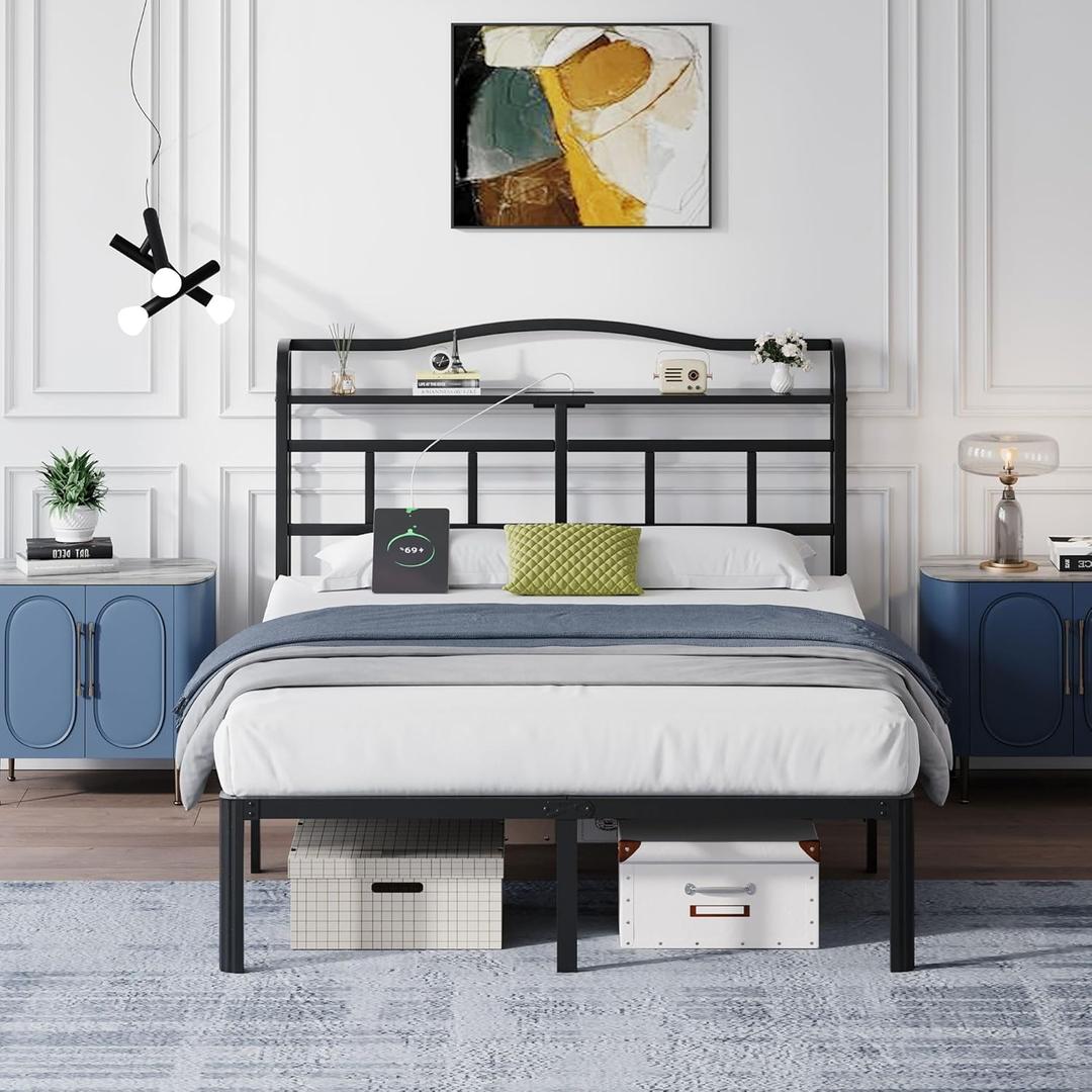 14 Inch Metal Bed Frame - Queen Size Black Heavy Duty Bedframe Platform Basic Mattress Foundation with Headboard & Charging Station No Box Spring Needed/Easy Assembly/No Noise