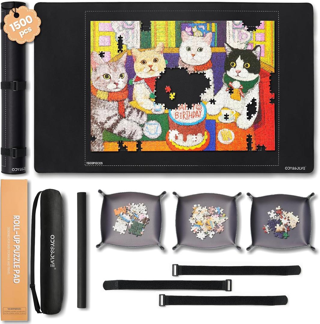 Jigsaw Puzzle Mat Roll Up 1500 Pieces Saver Pad 46" x 26" with 3 Sorting Trays & Travel Storage Bag Portable Non-Slip Rubber Bottom Jigsaw Puzzle Mat Roll Up 1500 Pieces Saver Pad 46" x 26" with 3 Sorting Trays & Travel Storage Bag Portable Non-Slip Rubber Bottom