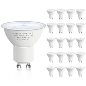 GU10 Led Bulb 6W Equivalent 50W, MR16 Led Bulb 5000K Daylight White Led Bulbs, 650 Lumens, Non-Dimmable, GU10 Base, 2 Prong Track Energy Saving Light Bulbs for Kitchen, Living Room, Bedroom, 20 Pack