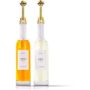 MoliMoli Coffee Syrup Dispenser for Coffee Bar, 350mlCoffee Pump Dispenser, Glass Syrup Bottle w. Pumps, Simple Syrup Dispenser w. Labels,Set of 2, (Gold) (350ml, Set of 2 Slim)