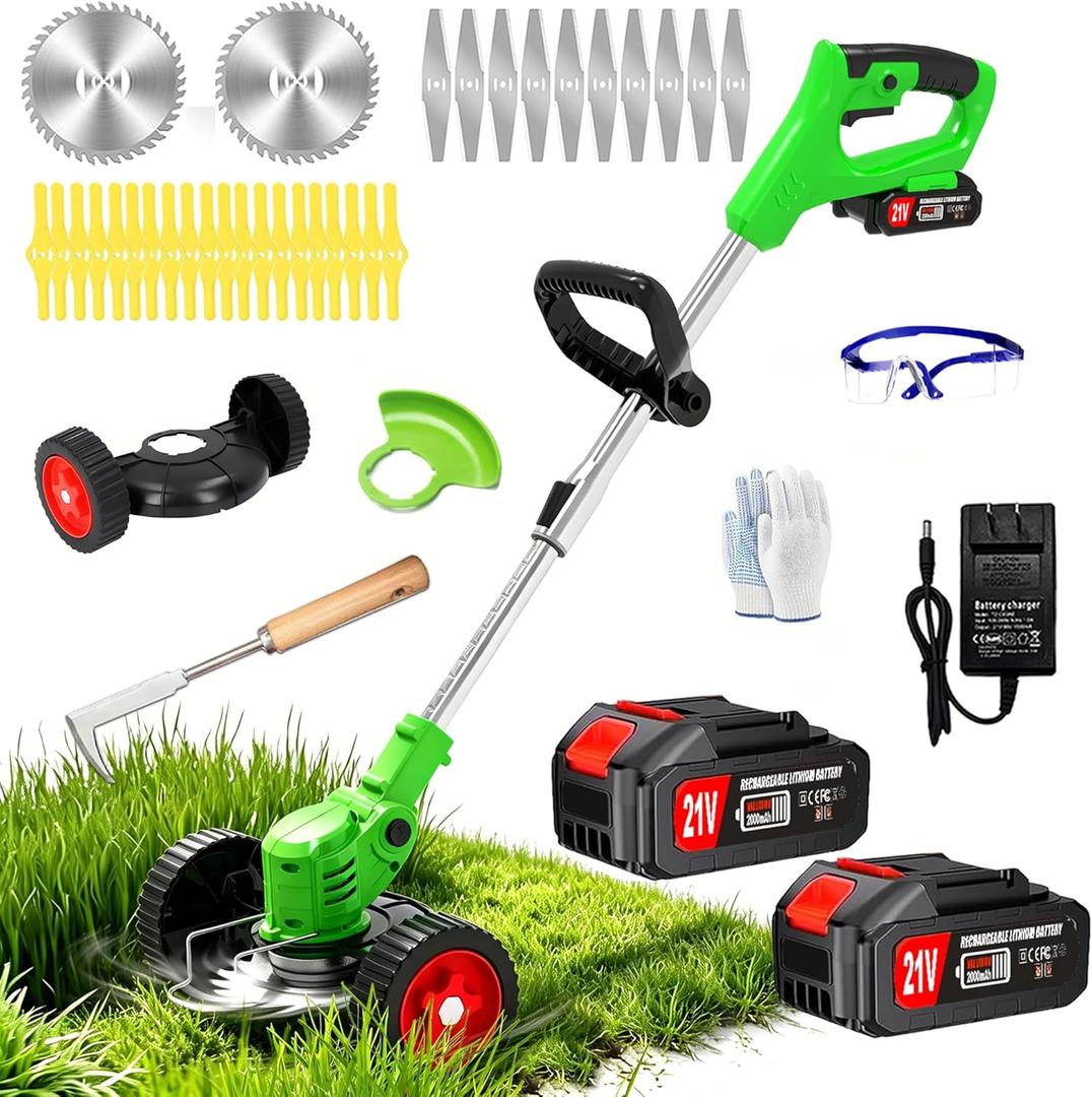 Electric Weed Wacker Cordless Eater,21V No String Trimmer Battery Powered,Lightweight Grass Trimmer/Brush Cutter/Edger/Mini Mower with Wheels & Metal Blade,Stringless Weed Trimmer for Lawn Yard Garden