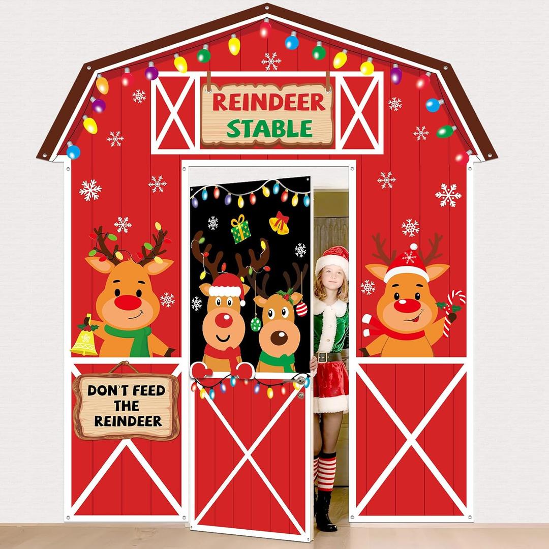 4Pcs Christmas Door Decorations Set Xmas Holiday Elk Door Covers Merry Christmas Deer Porch Banners Cute Reindeer Hanging Banner Backdrop for Winter Home Photography Photo Background Party Decor