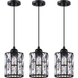 3 Pack 1 Light 5.3" Crystal Hanging Kitchen Island Pendant Light Black Finish,Concise Pendant Fixture Crystal Plate Metal Shade for Bar,Dining Room,Living Room Over Sink