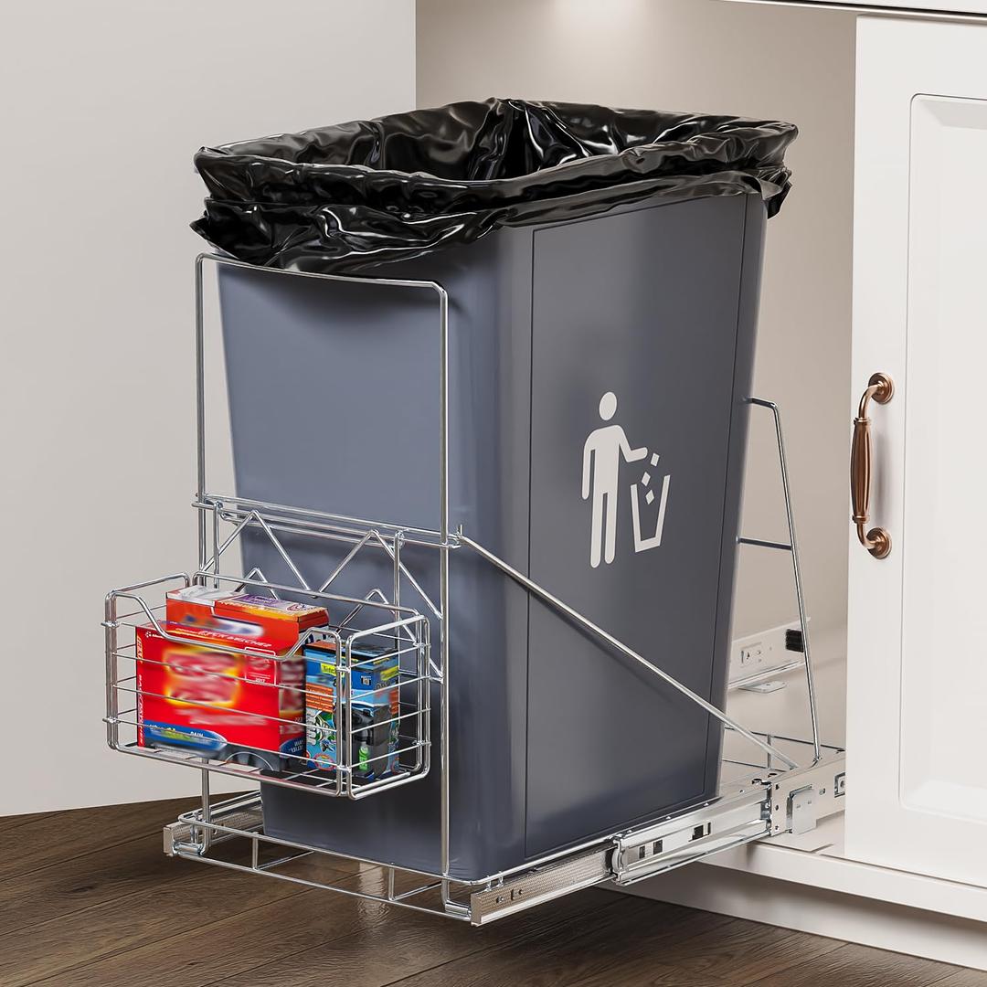 LIONONLY Pull Out Trash Can Rack Under Cabinet, Under Sink Trash Can for 7-11 Gallon Trash Bin, Under Cabinet Trash Garbage Pull Out Kit w/Garbage Bag Holder(Not Include Can)