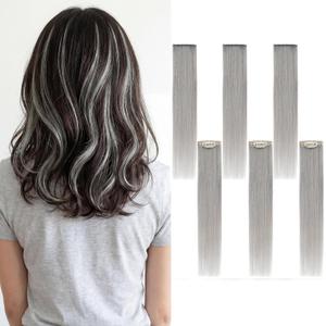 6PCS Clip in Hair Extensions Real Human Hair Short Clip in Extensions for Women Short Straight Hairpieces to Add Volume and Highlights 12 Inch Gray
