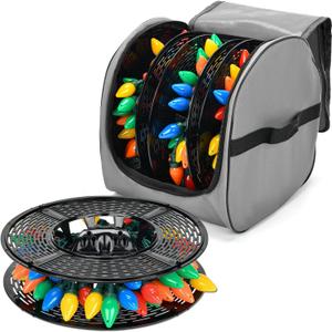 Keten Christmas Light Storage Bag, 600D Oxford Fabric Christmas Light Organizer with Reinforced Handles, 3 Reels Included to Hold 375ft Mini Christmas, Tree Lights & Extension Cords-Grey