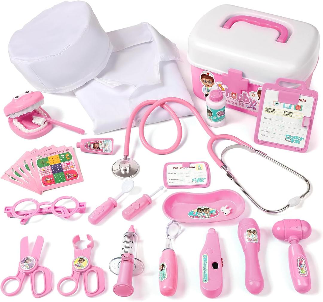 Phobby Durable Doctor Kit for Kids, 27 Pcs Deluxe Pretend Play Set Medical Toy with Real Stethoscope for Toddlers Boys Girls Birthday Gift Aged 3 4 5 6 7 8(Pink)