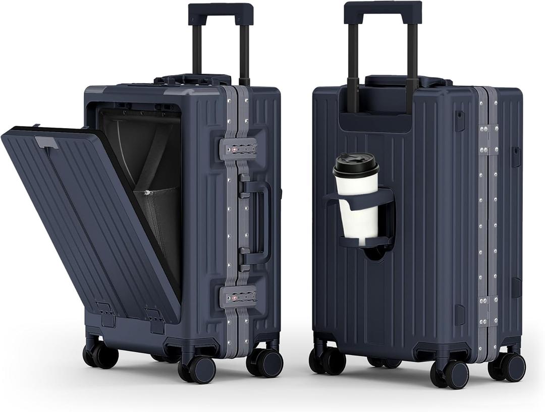 ALPHA CAMP 20 Inch Aluminum Frame Carry-On Luggage, Front Opening Hardside Carry on Suitcase with Quick-Access Front Compartment, Airline Approved with TSA Lock, USB&Type-C Ports, Cup Holder, Blue