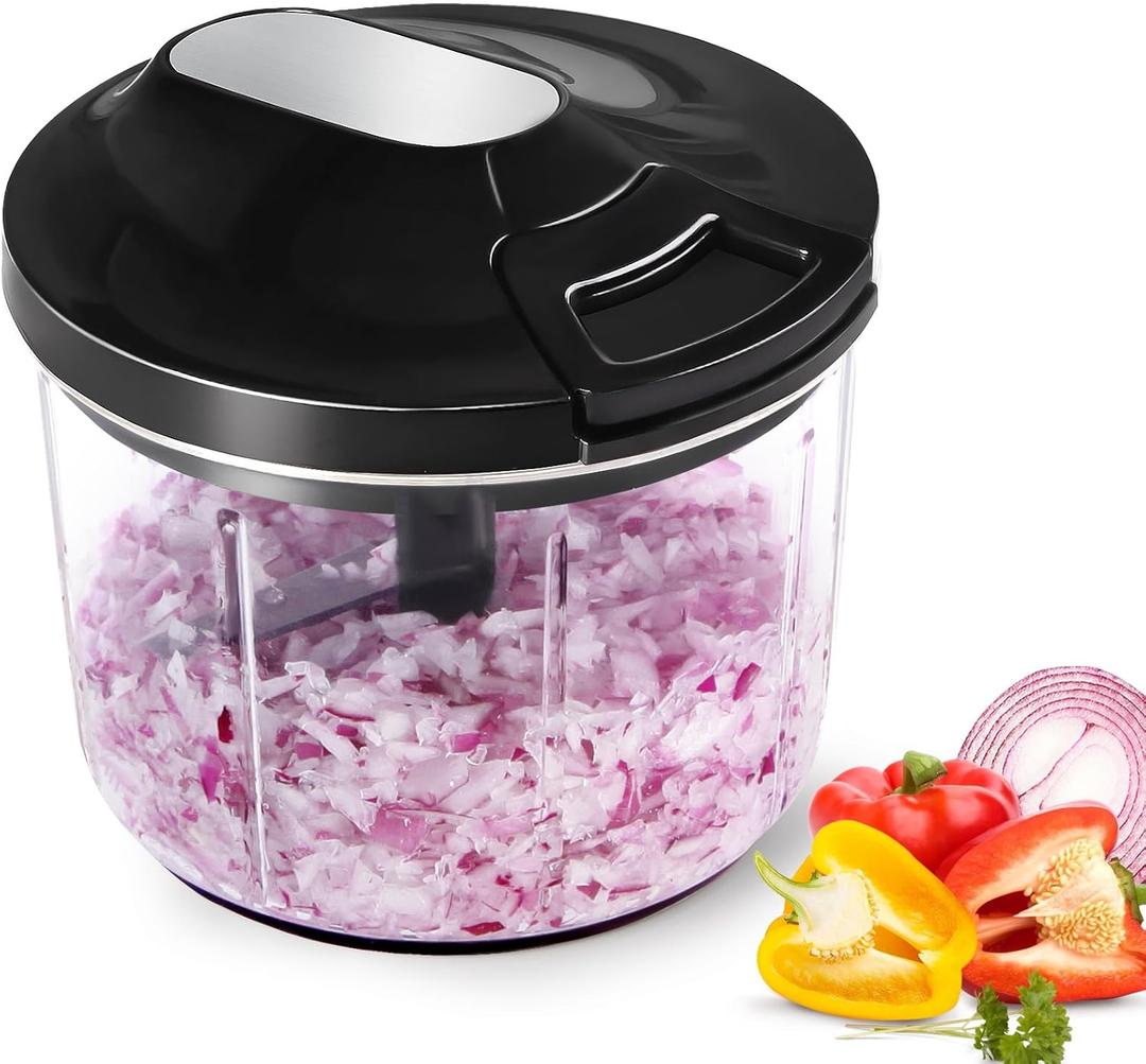Pull String Food Chopper - Manual Vegetable Onion Cutter for Garlic, Carrot, Herbs - Easy to Clean Hand-Pull Kitchen Tool, Black