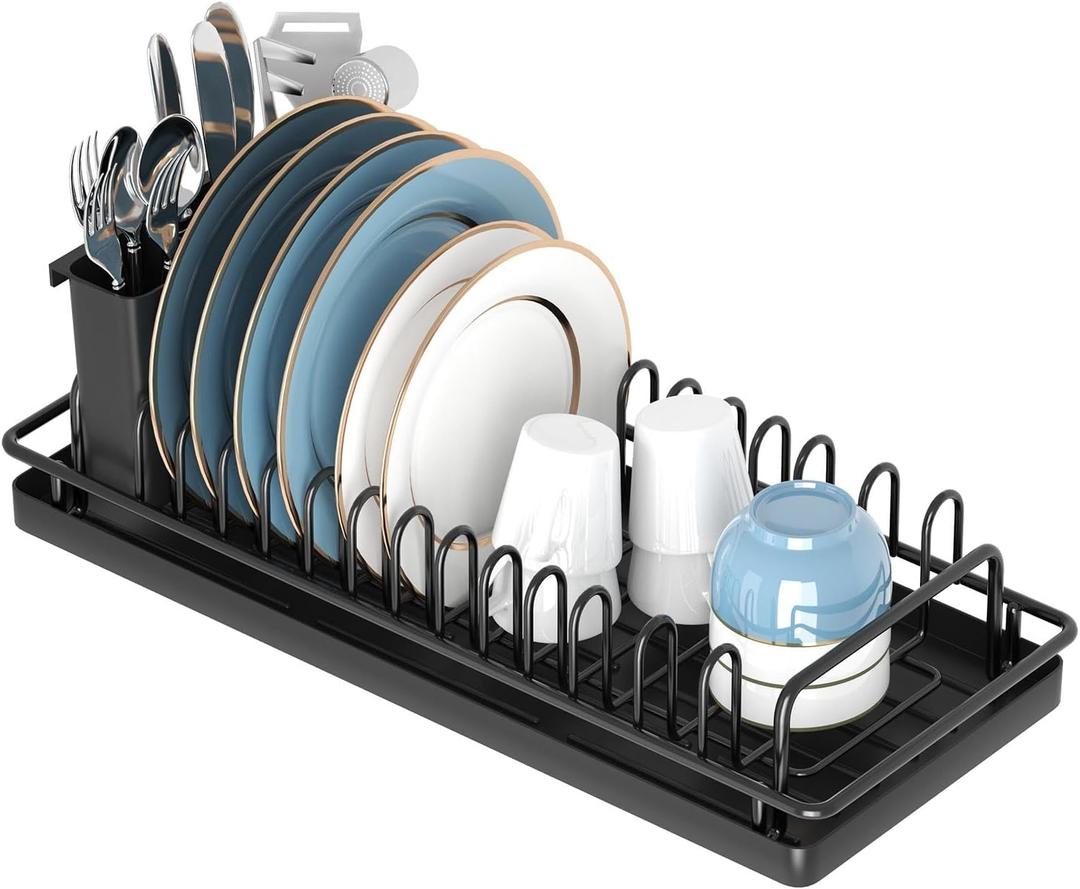 XYZLVSI Compact Small Dish Rack Sink Drying Rack with Silicone Mat, Stainless Steel Dish Drainer for Kitchen Cabinet, Kitchen Sink Rack,Dish Holder, Black