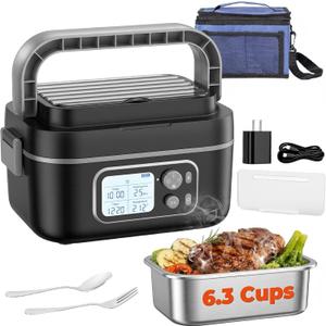 Cordless Electric Lunch Box for Adults, [24,000 mAh, 6.3 Cups], 100W Heated Lunch Box for Men with Scheduled Heating and Memory, Max 212F, Portable Food Warmer for Blue-Collar, Truck, Office, Picnic