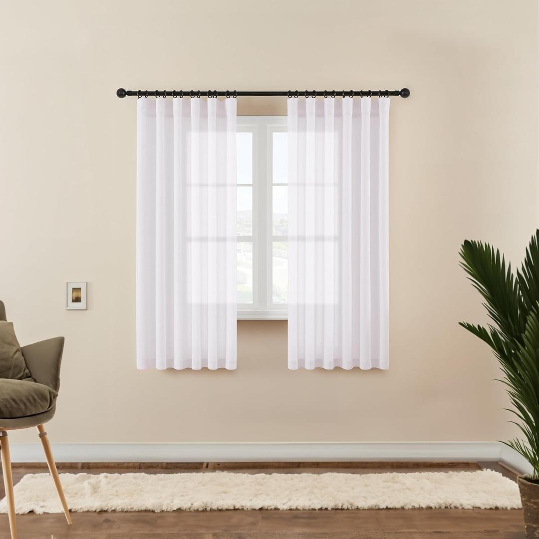 DaysU White Linen Curtains 45 Inches Long for Cafe Bedroom Bathroom 2 Panels, Rod Pocket Hook Belt Decorative Short Semi Sheer Window Treatment Drapes