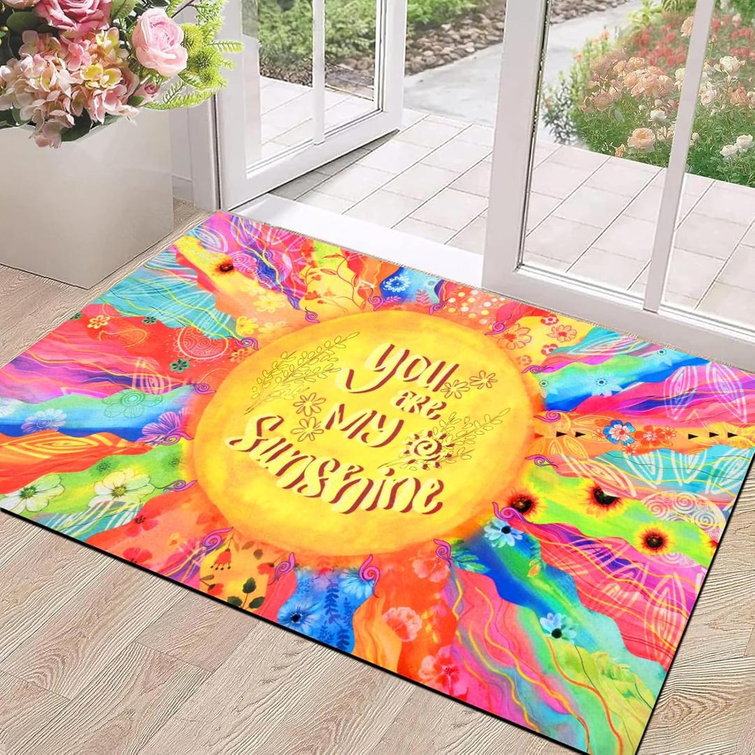 Boho Sun Door Mat, Colorful Floral Welcome Mat Non Slip, You are My Sunshine Outdoor Indoor Front Door Mat Doormat for Front Door, Entryway, Washable, Low Profile, Absorbent, 18'' x 30''