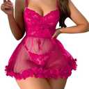 Foxiny Sexy Ruffle Floral Skirt Underwire Mesh Sheer Lace Babydoll Lingerie Dress with Thong 2 Piece, Small