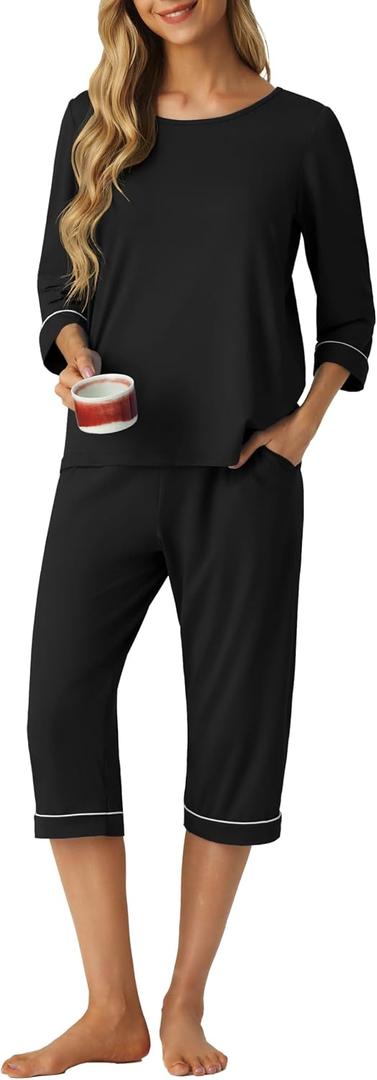 PrinStory Women's Pajama Set Capri Pjs Sets 2 Piece Soft Lounge Sets Sleepwear with Pockets (Black, M)