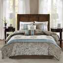 Madison Park Comforter Faux Silk-Traditional Luxurious Jacquard Design All Season Set, Matching Bed Skirt, Decorative Pillows, King(104"x92"), Blue 7 Piece (Caroline, Blue/Brown)