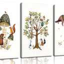 3Pcs Woodland Safari Animals Nursery Canvas Wall Art Baby Jungle Small Animal Wall Decor Pictures Tree Bear Rabbit Fox Hedgehog Kids Posters Prints for Classroom Children Bedroom Decoration