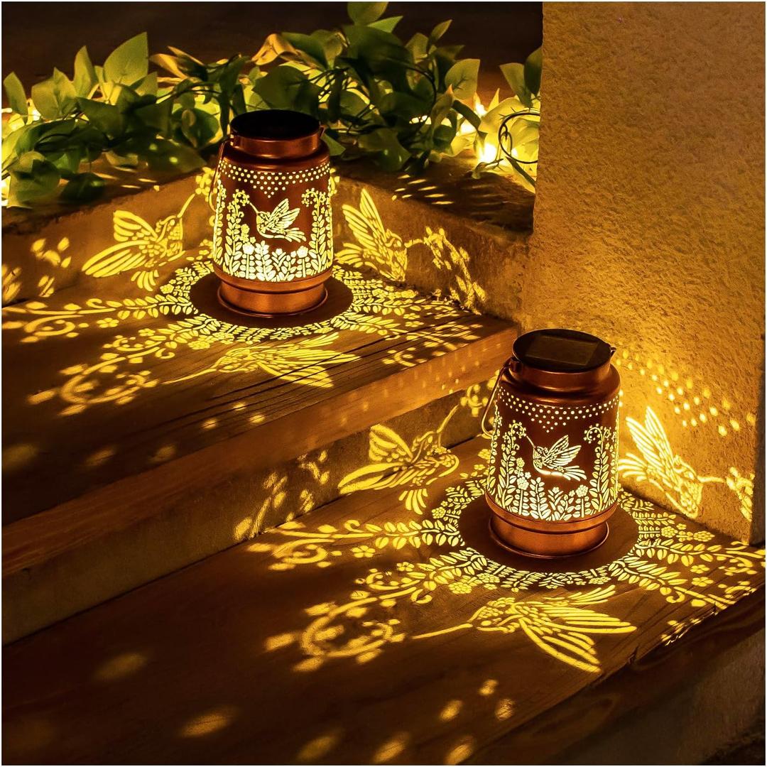 2 Pack Hummingbird Solar Lanterns Outdoor Waterproof Hanging Solar Lights Hummingbird Gifts for Women Men Metal Decorative LED Lights for Garden Decor,Yard,Patio,Lawn,Tabletop,Pathway,Landscape