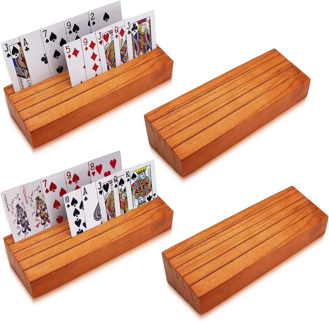 Card Holders for Playing Cards Holder Stand Wood Playing Card Holder for Kids Canasta Holder for Adults Seniors Card Deck Crowns Uno Games Set of 4(Orange)