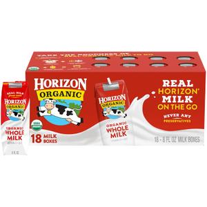 Horizon Organic Shelf Stable Whole Milk Boxes, 8 fl oz, 18 Count - 8g Protein per Serving, USDA Organic UHT from Pasture-Raised Cows, Ready to Drink for Lunchbox, Travel, or On-the-Go, No Refrigeration Needed, BB 01/26/2026