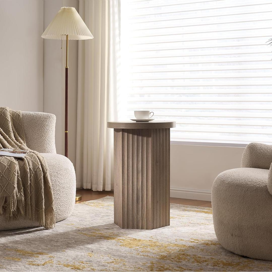 VividVibe End Tables for Living Room, Fluted Couch Side Table with Hexagonal Base, Wooden Bedside Table Bedroom Nightstands Home Office Modern Accent Grey Alder