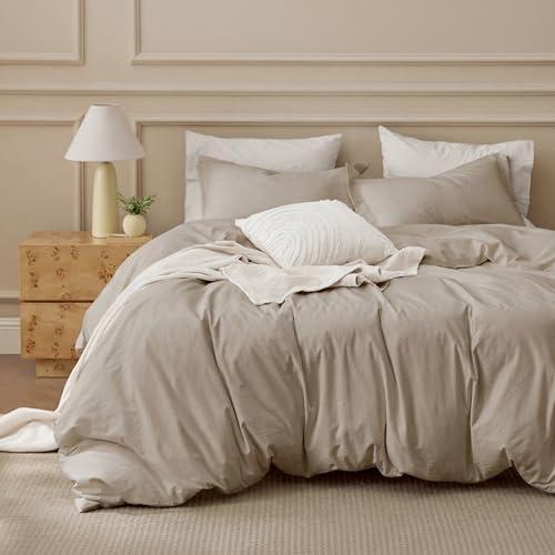 Bedsure 100% Washed Cotton Duvet Cover Full Size - Frosted Almond Minimalist Bedding Set Linen Like - PureWoven Plain Simple & Soft Comforter Cover for All Seasons (Frosted Almond, Full, 80"x90")