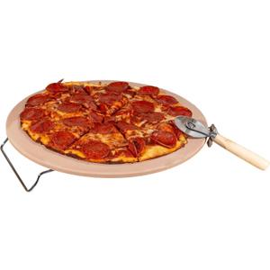 Pizza Stone - 15-Inch Pizza Stone for Oven or Grill with Cutter and Metal Serving Rack/Handles - Oven Accessories by Classic Cuisine, large