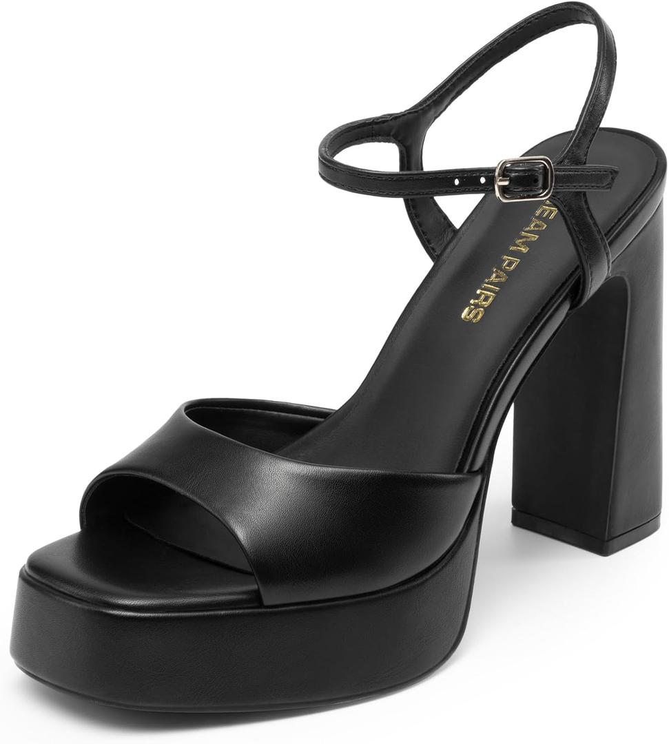 DREAM PAIRS Platform Heels for Women, Square Toe Chunky High Heels Ankle Strap Sandals for Wedding Party Formal Event (10, Black)