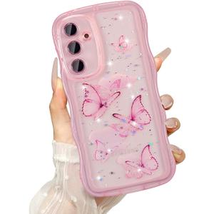 UEEBAI Wave Butterfly Case for Samsung Galaxy S21 Plus Case, Pretty Bling Star Butterfly for Women Cute Shiny Glitter Phone Cover for Girls Bling Clear Cover Curly Shockproof Girly Shell - Pink