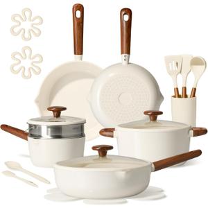 CAROTE 21pcs Cookware Set Nonstick Pots and Pans Set, Ceramic Cookware Set Induction Cookware, Non toxic Healthy Non Stick Kitchen Cooking Set, PFAS PTFE Free, White