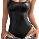 WDIRARA Women's PU Leather Bodysuit Square Neck Sleeveless Leotard Tank Body Suit (X-Large, Black)