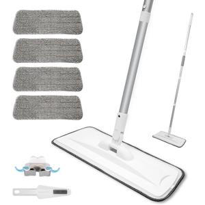 Microfiber Mop for Cleaning Floors, Extendable 16-58 Inch Flat Mop with 4 Reusable Washable Pads for Laminate Hardwood Wooden Wall Hard Floor Vinyl Tile, Wet Dry and Dust Mops for Bathroom Kitchen