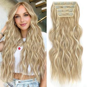 ALXNAN Clip in Long Wavy Synthetic Hair Extension 20 Inch Beach Blonde 4PCS Thick Hairpieces Fiber Double Weft Hair for Women