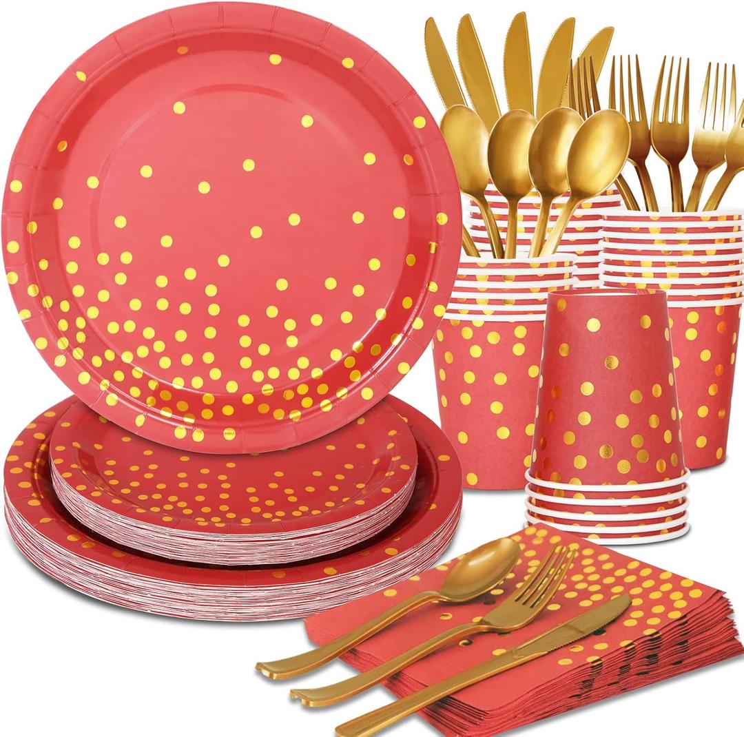 168Pcs Red and Gold Party Decorations, Red Plates and Napkins Party Supplies Serve 24, for Birthday Chinese New Year, Valentines, Mardi Gras