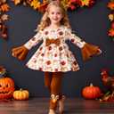 Thanksgiving Girl Outfit Cute Bow Dress Top + Turkey Leggings Fall Clothes 3-8 Years (6-7 Years, Light Brown)