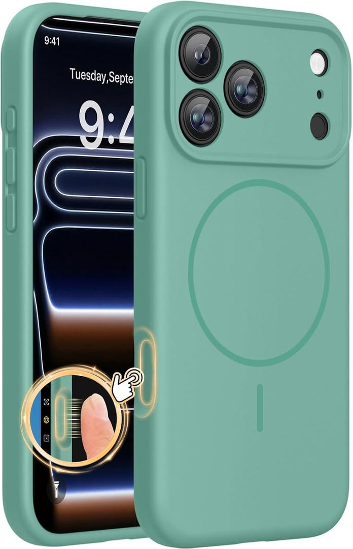 Miracase Magnetic for iPhone 17 Pro Case, Compatible with MagSafe, Integrated Silicone Camera Control Cover, 3.0mm Thicken Shockproof Drop Protection Phone Case for 17 Pro,Midnight Green