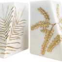 Heavy Duty Book Ends for Shelves, Decorative Book Ends for Heavy Books, Resin Modern Bookends with Marble Texture & Gold Botanical Detail, Minimalist Bookends for Home Decor, Set of 2
