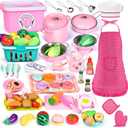 121Pcs Play Kitchen Accessories, Kids Kitchen Playset, Pretend Play Food Tea Party Set, Toy Kitchen Kids Cooking Real with ApronChef Hat, Utensils Cookware PotsPans, Toy Organizer, Toddler Toys Gift (Pink)